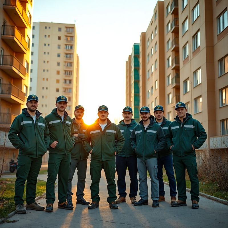 Команда мастеров Clast DIV 27 UG в фирменной одежде у жилого дома в Караганде